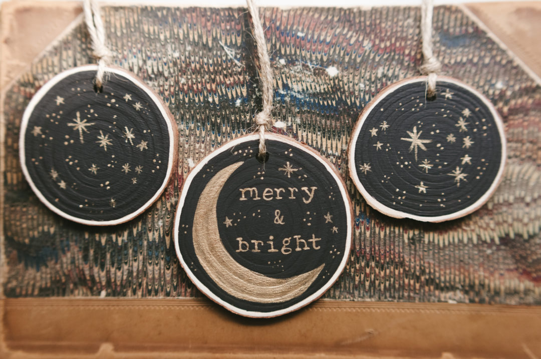 Moon and Stars Rustic Wood Slice Hand Painted Christmas Ornaments Black and Gold (Set of 3)