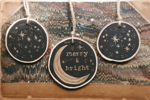 Moon and Stars Rustic Wood Slice Hand Painted Christmas Ornaments Black and Gold (Set of 3)