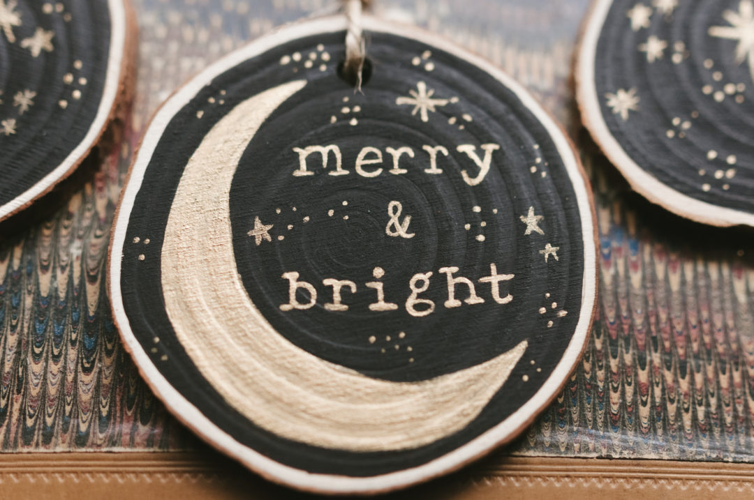 Moon and Stars Rustic Wood Slice Hand Painted Christmas Ornaments Black and Gold (Set of 3) - Image 4