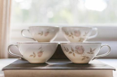 Kenmark Fine China Set of 4 White Flat Cups with Pink Roses (No Saucers)