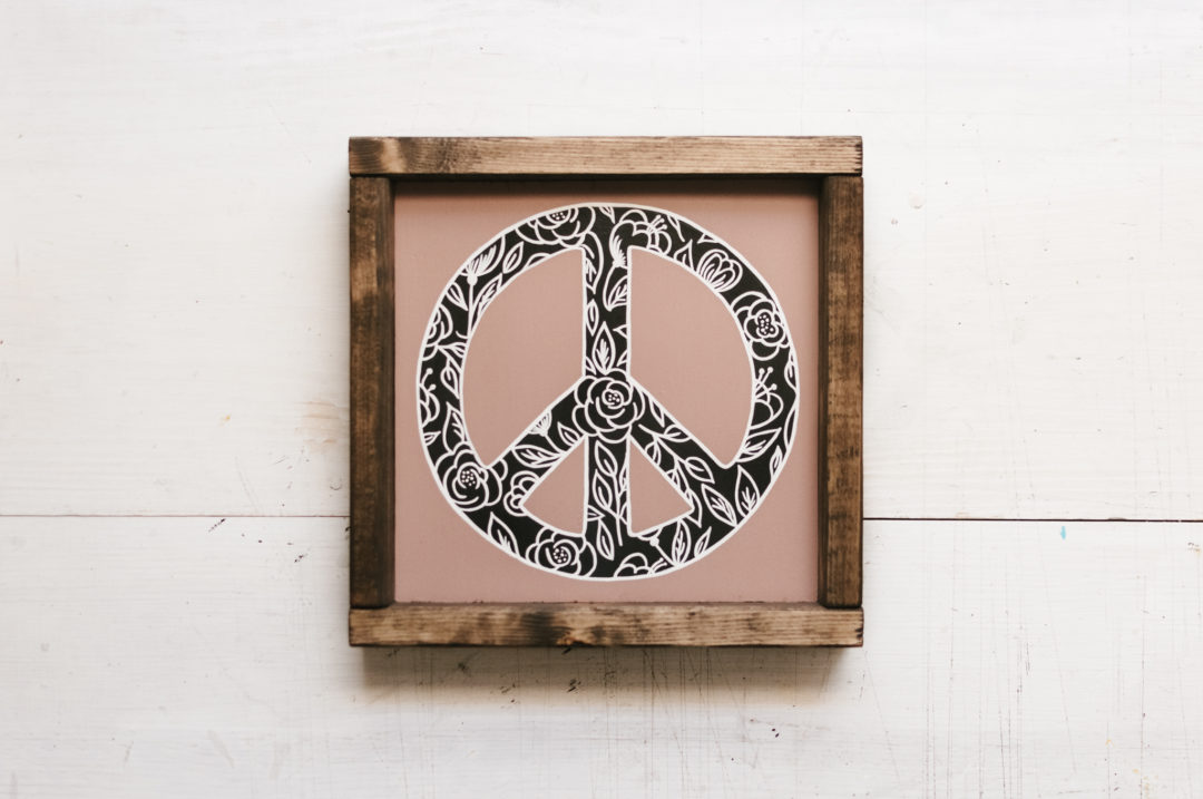 Floral Pattern Peace Sign Wood Sign (Mauve, Black and White)