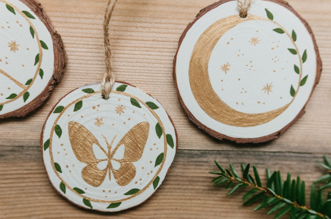 Butterfly, Peace Sign, Moon and Stars, Set of 3 Wood Slice Christmas Ornaments - 2020 Sage Green and Gold - Image 5