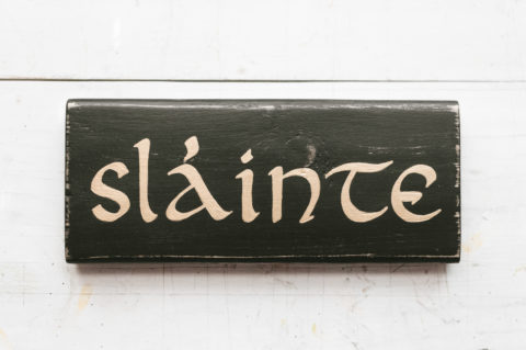 Sláinte Black Rustic Reclaimed Wood Wall Art with Metallic Gold Letters | Irish Bar Decor