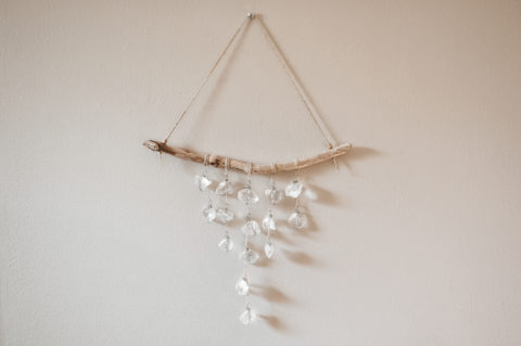 Branch Art No.13 | Clear, Tumbled Glass with Silver-Colored Wire Wraps | Hanging Branch Wall Art or Suncatcher
