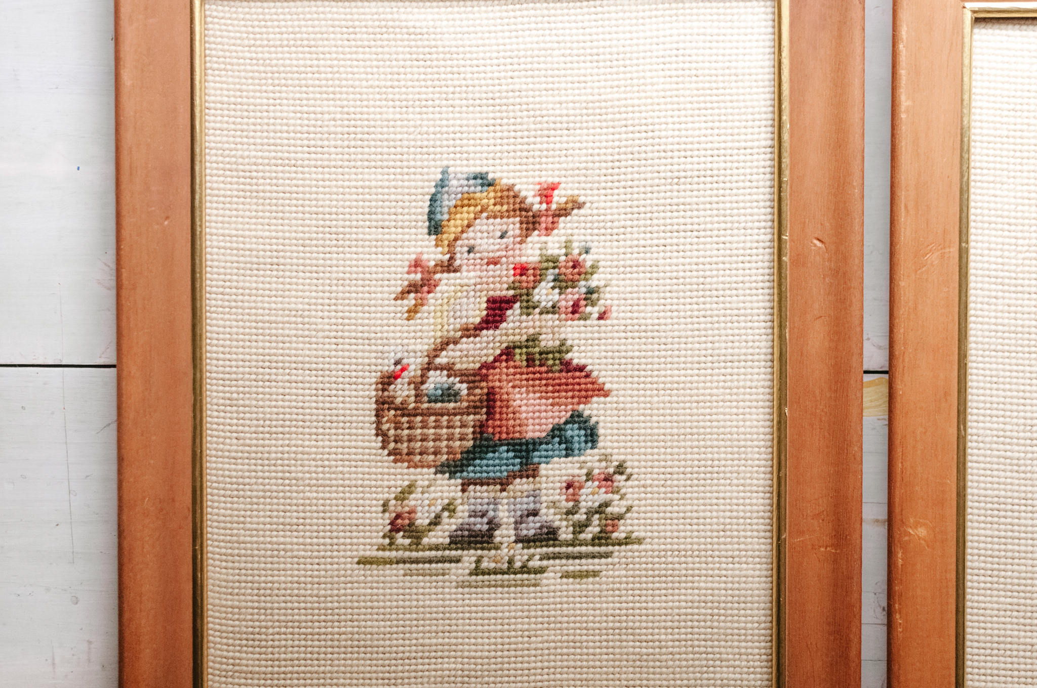 Vintage Partially Completed Needlepoint Canvas Hummel Like Boy 7x8 w  Needles